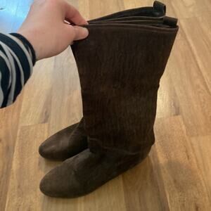 Susan Bennis/Warren Edwards Brown Suede Mid-Calf Flat Boots w/ Fur Lining Sz 9.5